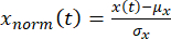 Normalization formula \(x_{norm}(t) = \frac{x(t) - \mu_x}{\sigma_x}\), statistical diagram.