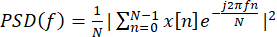 Power spectral density formula, PSD(f)=Σ image, digital signal processing equation diagram.