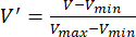 Normalization formula \( V'=\frac{V-V_{min}}{V_{max}-V_{min}} \) for data scaling in statistics.