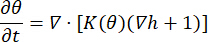 Soil moisture equation ∂θ/∂t=∇⋅[K(θ)(∇h+1)], diffusion model diagram, fluid dynamics.
