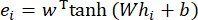 Attention mechanism equation, e_i=wTtanh(Wh_i+b), formula for neural network calculation.