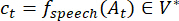 Mathematical speech recognition equation, featuring c_t as output from f_speech(A_t) process.