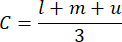 Mathematics equation C=(l+m+u)/3; formula for calculating average of l, m, u.