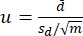 Hypothesis testing equation, u = d / (s_d/√m), statistical analysis method formula.