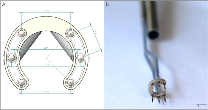 Semicircular device schematic, metal probe; precision measurement, geometry, microfabrication.