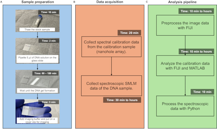 figure-results-1 Sample preparation and analysis pipeline for DNA SMLM study; includes spectral data acquisition.