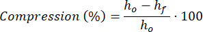 Compression percentage formula, \( \text{Compression (\%)} = \frac{h_o - h_f}{h_o} \times 100 \), equation.
