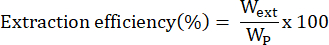 Extraction efficiency formula, W_ext/W_p x 100, used in chemical process analysis calculations.