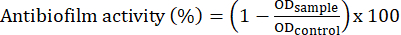 Antibiofilm activity formula; equation for calculating biofilm reduction percentage.