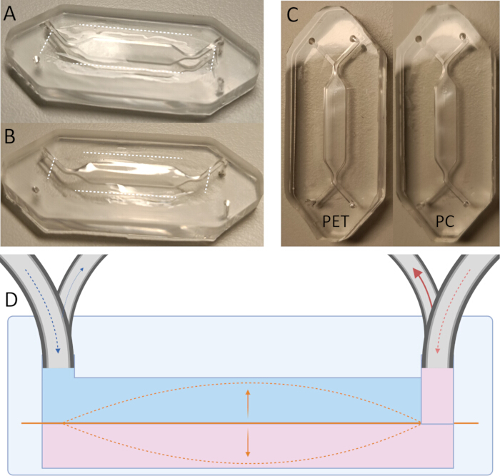 figure-results-3 Organ-on-a-chip devices with schematic flow diagram for fluid dynamics study, examining material PET and PC.