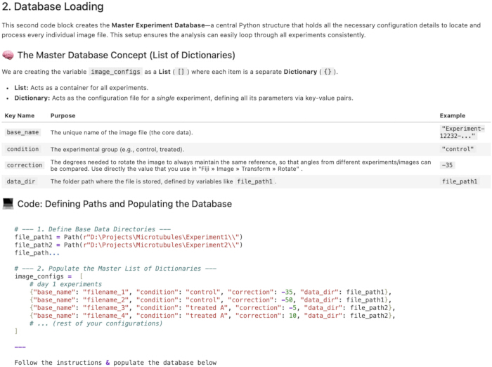 Master database setup for experiment data configuration; Python script snippet using lists and dictionaries.