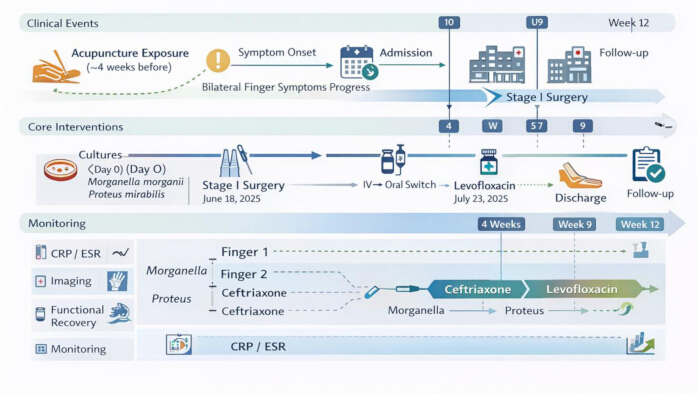 Medical timeline diagram for bilateral finger symptoms; surgical intervention and antibiotic treatment.