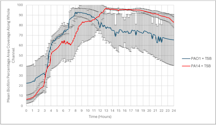figure-results-1 Biofilm growth graph, PAO1 vs. PA14 strains, time-dependent analysis, mean coverage, hours 0-24.