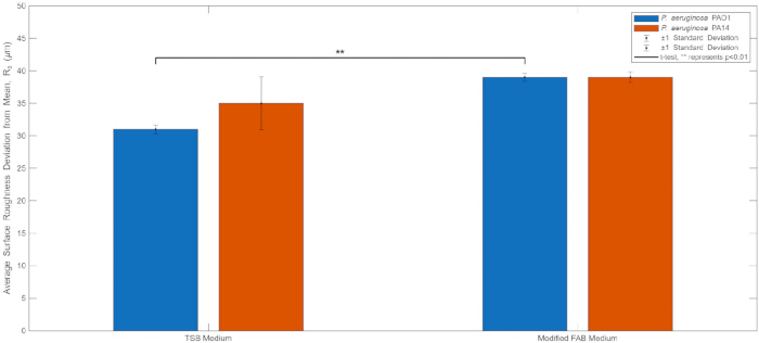 figure-results-6 Surface roughness experiment; bar graph; TSB vs. Modified FAB medium; P. aeruginosa; p<0.01 significance.