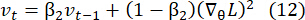 Gradient descent equation diagram; shows vt update with β2, gradient, and loss function L.