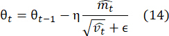 Gradient descent update equation, θ_t=θ_(t-1)-η(m_t/√(v_t+ε)), iterative optimization.