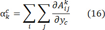 Mathematical equation: double summation showing derivatives related to index notation.