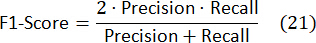 Equation of F1-Score formula, illustrating precision and recall relationship, statistical analysis.