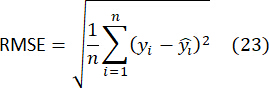 RMSE equation, statistical formula for root mean square error, used in predictive model evaluation.
