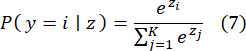 Softmax function equation, P(y=i|z)=e^zi/Σ(e^zj), relevant in probabilistic models.