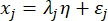 Equation illustrating linear relationship: x<sub>j</sub>=λ<sub>j</sub>η+ε<sub>j</sub>, statistical model.