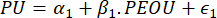 Equation for perceived usefulness (PU) using α, β coefficients in statistical diagram.