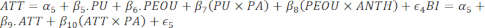 Statistical equations for technology adoption: ATT, PU, PEOU; behavioral intention model analysis.