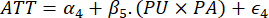 Equation of treatment effect model, ATT formula: ATT = α4 + β5(PU × PA) + ε4.