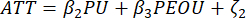 Equation of technology acceptance model showing ATT, PU, PEOU with coefficients β2, β3, ζ2.