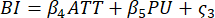 BI equation, β coefficients affecting ATT, PU; symbolic depiction, educational formula.