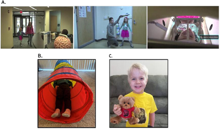 Child cognitive study setup; A series of images showing children in experimental environments.
