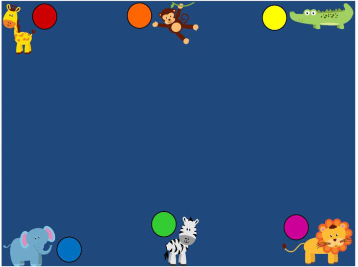 Animal coordination activity diagram with colorful circles and cartoon animals in corners.
