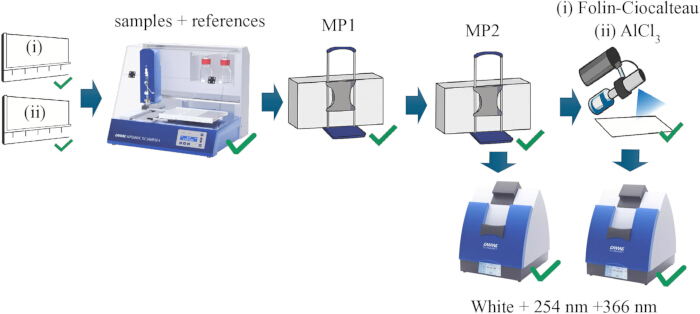 figure-protocol-4 Chromatography setup diagram with Folin-Ciocalteau, AICl3 steps; UV analysis at 254 nm, 366 nm.