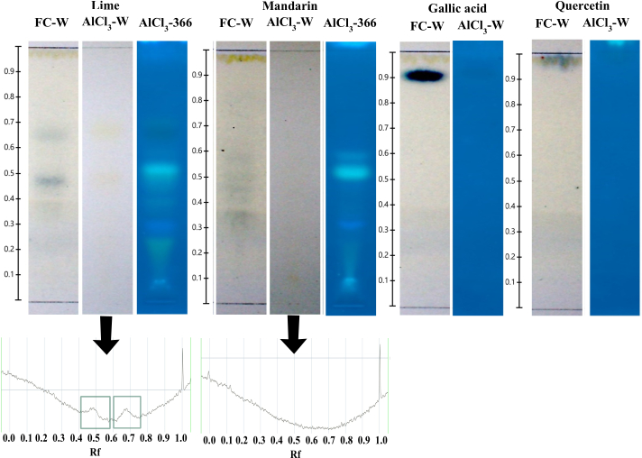 figure-results-1 Thin layer chromatography (TLC) diagrams of citrus and phenolic compounds with Rf values chart.