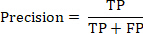 Precision formula, TP/(TP+FP), statistical analysis equation, data classification method.
