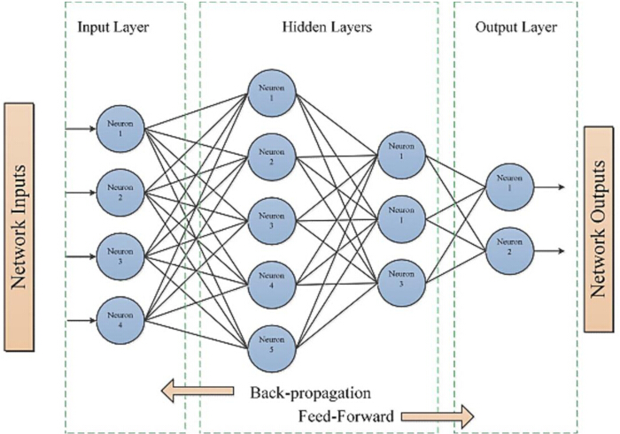 figure-protocol-7 Neural network diagram; input, hidden, output layers; illustrates back-propagation process.