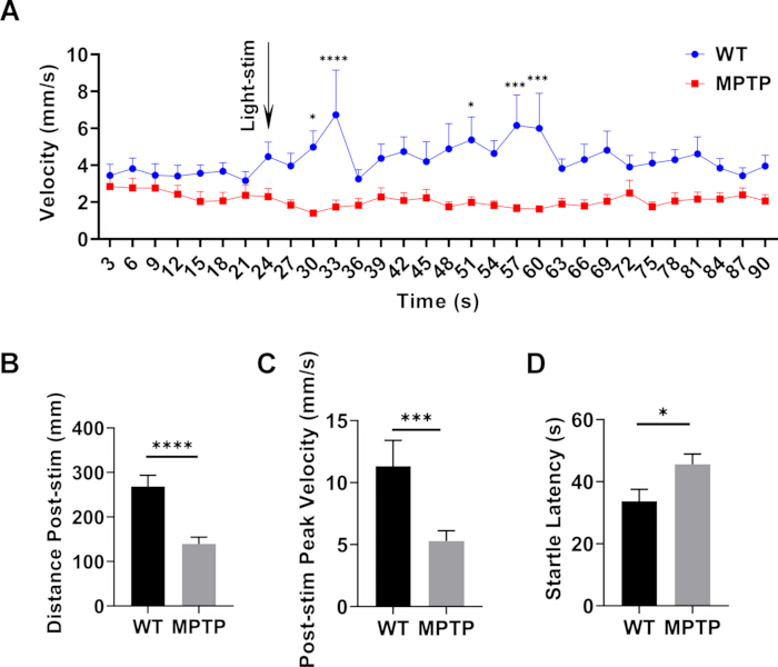 Velocity analysis graph and bar charts compare WT and MPTP mouse response to light stimulation.