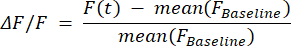 ΔF/F formula for fluorescence change; math equation; essential in optical measurement analysis.