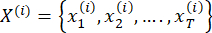 Time series data formula X(i)= {x1(i), x2(i),..., xT(i)}; mathematical equation.