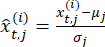 Normalization formula for standardizing data, equation diagram with statistical variables.