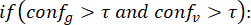 Conditional logic formula, If(confG > τ and confV > τ), text symbol, threshold evaluation.