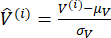 Normalizing values formula, V(i)-μV/σV, symbols equation for data standardization.
