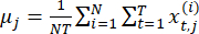Statistical average formula μj=1/NT∑i=1^N∑t=1^Tx(t,i), equation for data analysis algorithm.