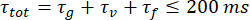 Equation: τ_tot = τ_g + τ_v + τ_f ≤ 200 ms; relates to timing constraints in systems analysis.