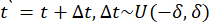 Stochastic process equation t, Δt~U(-δ, δ), symbolizing random time increment.
