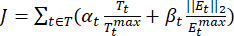 Optimization formula, J=Σt∈T(αt(Tt/Tmax)+βt(||Et||2/Etmax)), mathematical equation.