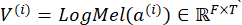 Log-Mel spectrogram formula, V(i)=LogMel(a(i)), mathematical equation for audio signal processing.