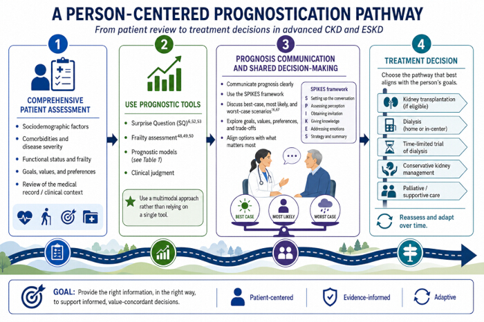 Person-centered prognostication pathway diagram for CKD/ESKD treatment decisions, showing assessment and decision-making steps.