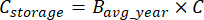 Static equilibrium equation \(C_{storage}=B_{avg\_year} \times C\); formula for storage capacity.