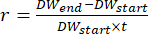 Equation for growth rate calculation, r = (DWend-DWstart)/(DWstart×t), used in experimental data analysis.